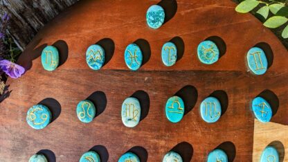 Zodiac signs up close - Hand Carved Astrological Set on 1000 Ct Natural Turquoise - Ash Tree Runes