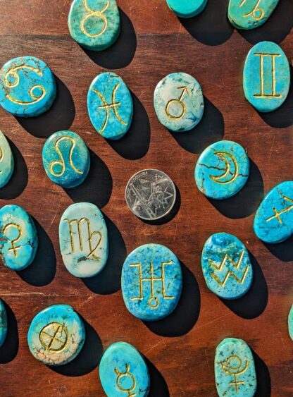 close up with a quarter for size ratio - Hand-Carved Astrological Set on 1000 CT Natural Turquoise - Ash Tree Runes