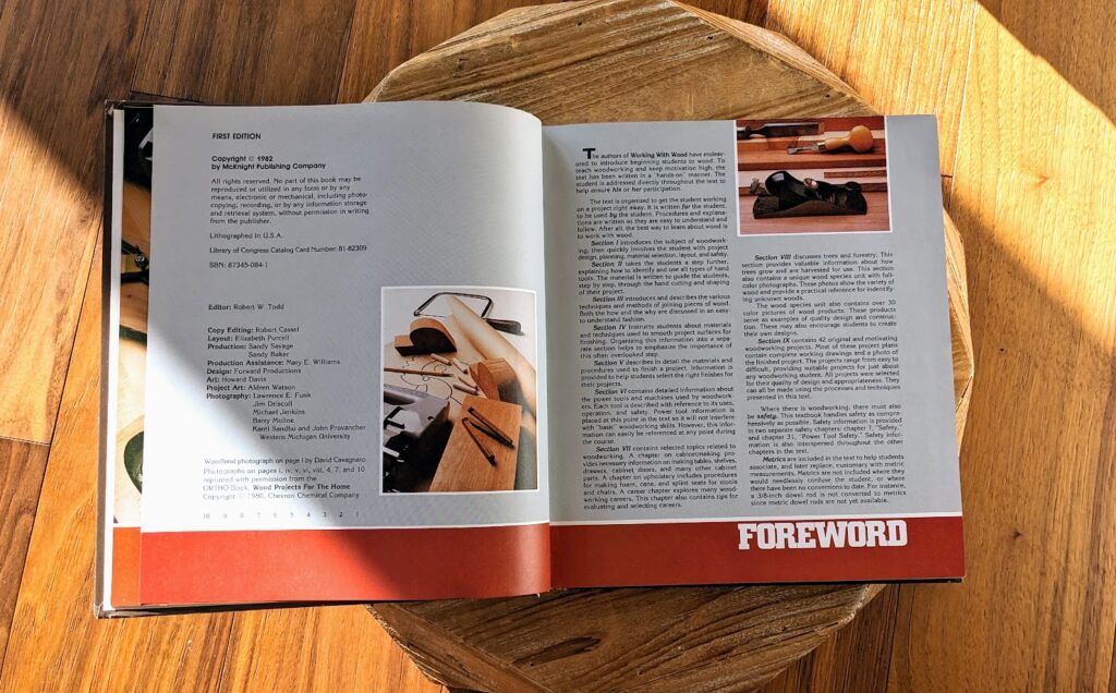copyright and foreword page - 1982 Working with Wood - Stated First Edition Woodworking Textbook by Gilbert R. Hutchings