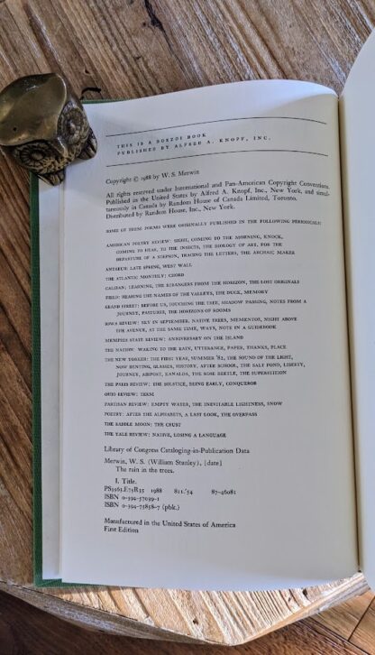 copyright page - The Rain in the Trees by W.S. Merwin - Stated First Edition Signed by Author