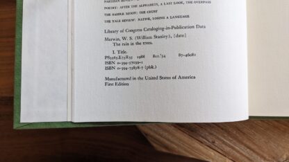 copyright page up close - The Rain in the Trees by W.S. Merwin - Stated First Edition Signed by Author