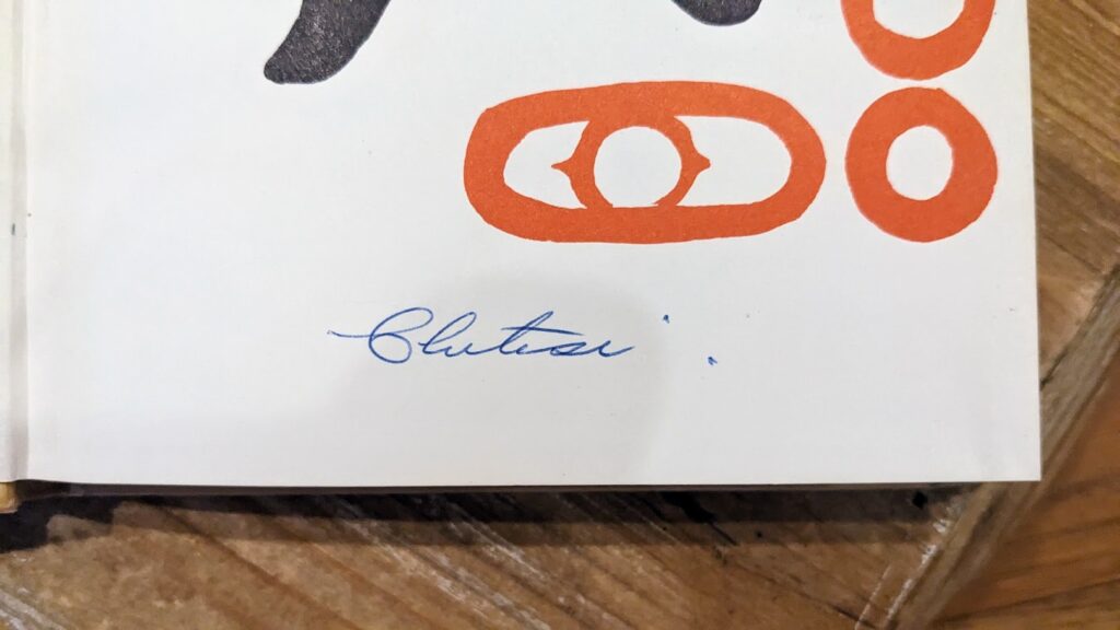 signature of George Clutesi up close - 1967 Signed First Edition Son of Raven Son of Deer by George Clutesi - with ephemera
