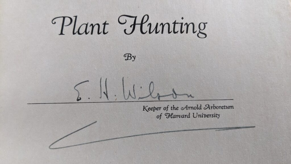 signature up close - 1927 Plant Hunting by Ernest H. Wilson - autographed edition- First Edition