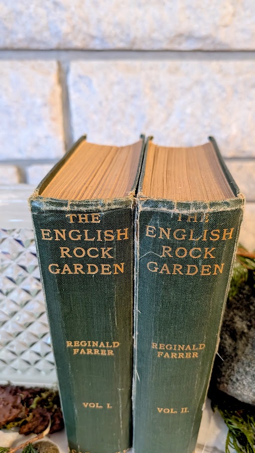 1928 English Rock Garden by Reginald Farrer — Complete Two-Volume Set - fourth impression - upper spine view