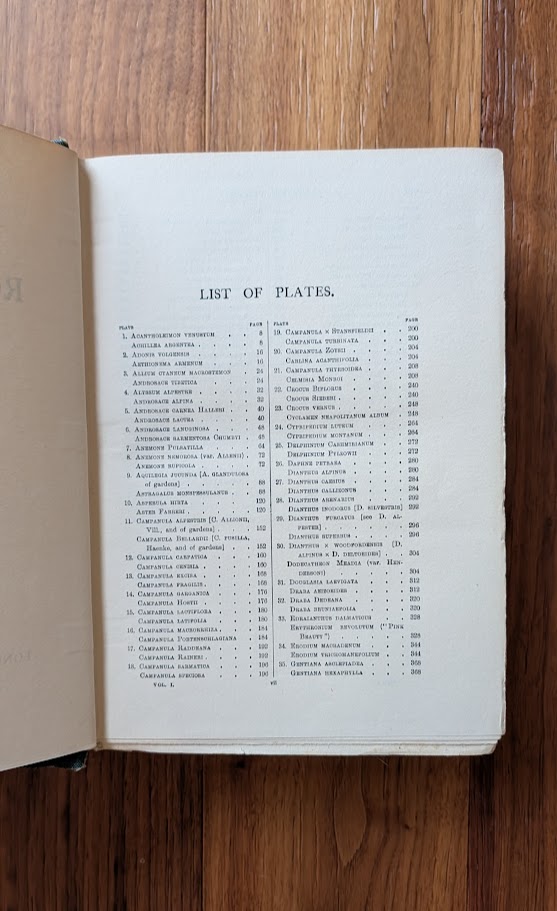 List of plates page 1 of 2 - Vol I - 1928 English Rock Garden by Reginald Farrer — Complete Two-Volume Set - fourth impression