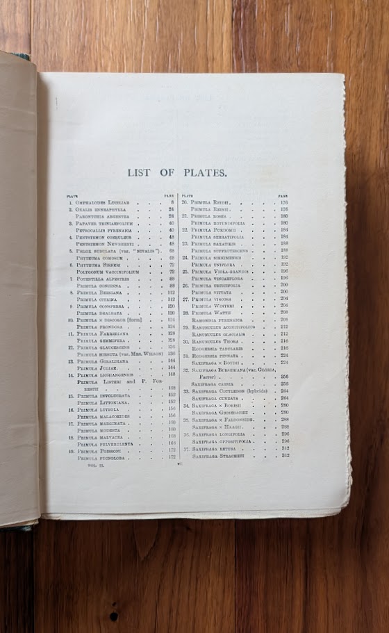 List of plates page 1 of 2 - Vol II - 1928 English Rock Garden by Reginald Farrer — Complete Two-Volume Set - fourth impression