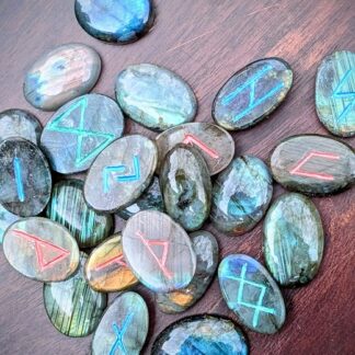 Elder Futhark Rune Set Hand-Carved on 735 Ct of High Grade Polished Natural Rainbow Labradorite