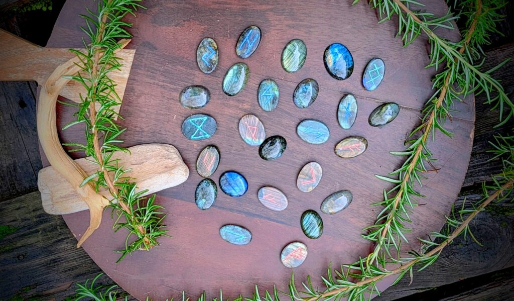 Elder Futhark Rune Set Hand Carved on 735 Ct of High Grade Polished Natural Rainbow Labradorite