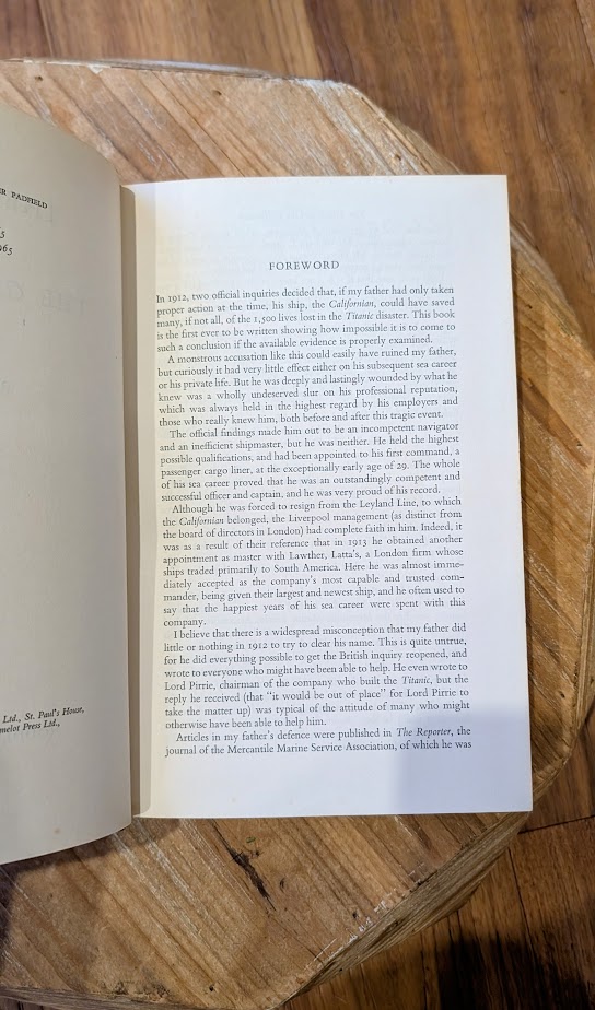 Foreword page 1 of 3 - 1965 — The Titanic and the Californian by Peter Padfield — Second Impression