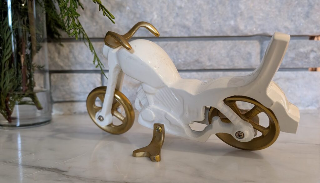 Unique Cast-Iron Motorcycle Bookend - painted white and gold