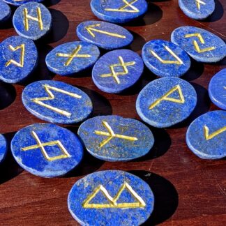Hand Carved Elder Futhark Rune Set - 970 Ct of Lapis Lazuli - up close