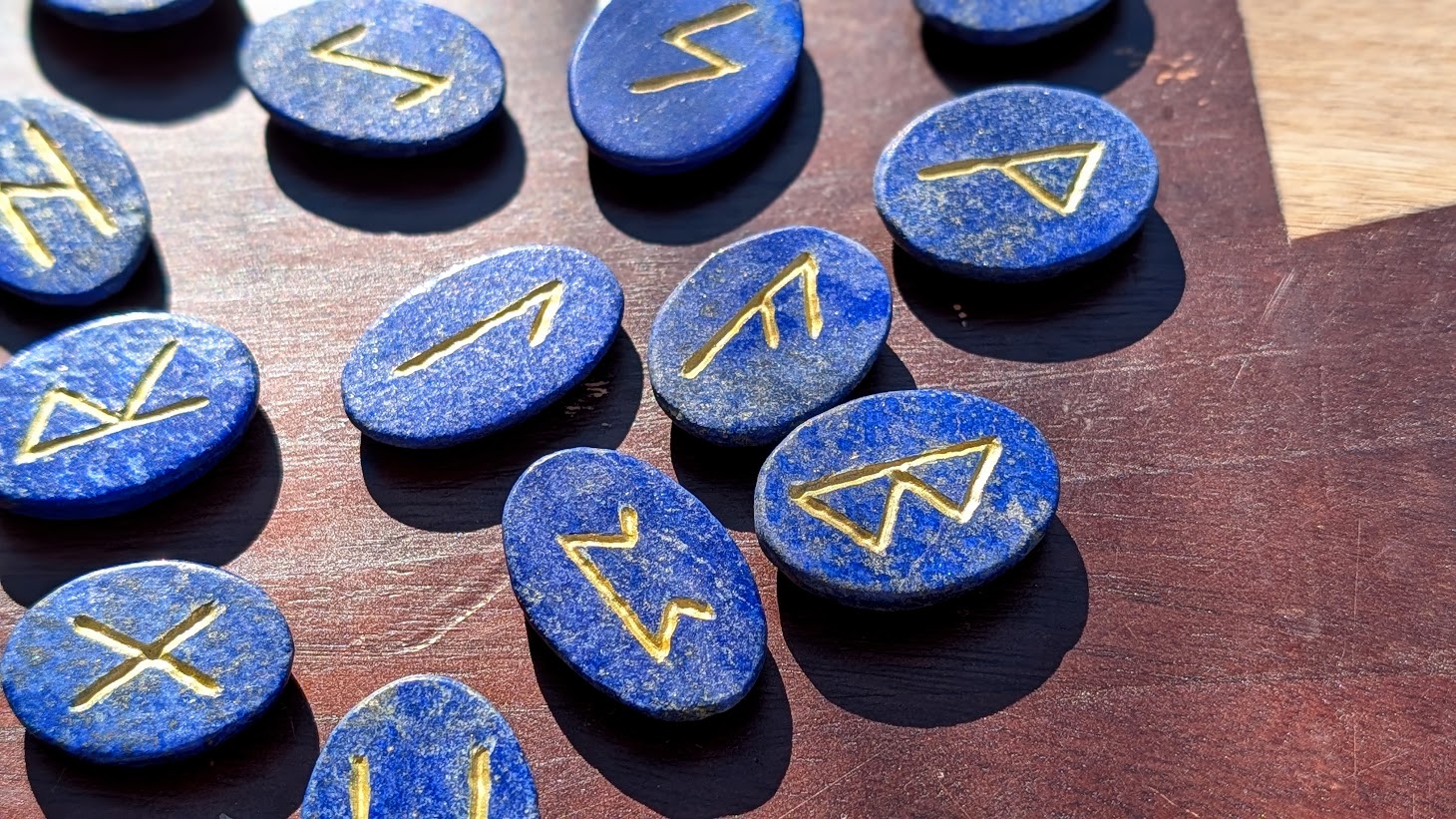 Hand Carved Elder Futhark Rune Set on 970 Ct of Natural Lapis Lazuli with gold pyrite