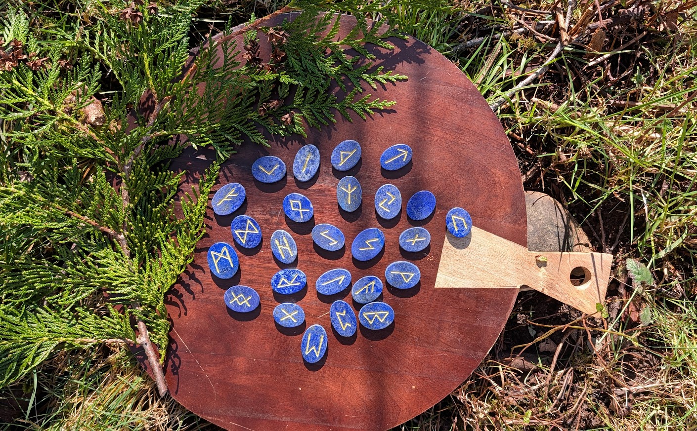 Hand Carved Rune Set on 970 Ct of Lapis Lazuli with gold pyrite