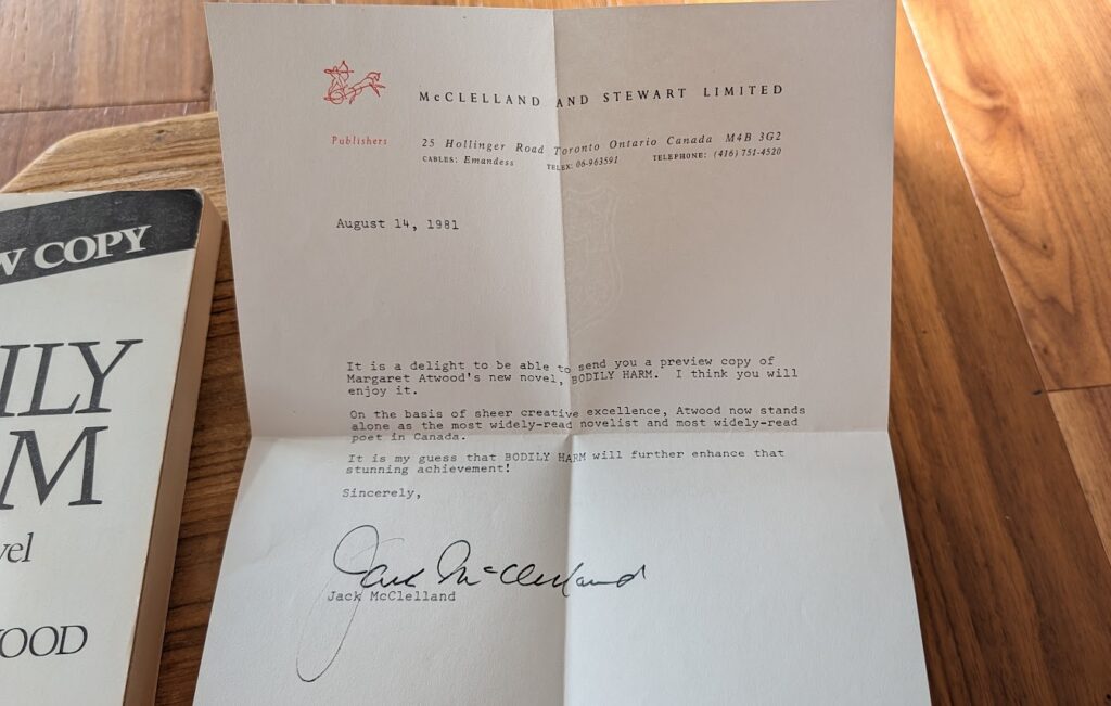 Publisher's Letter inside a 1981 Uncorrected Advance Proof of BODILY HARM by Margaret Atwood