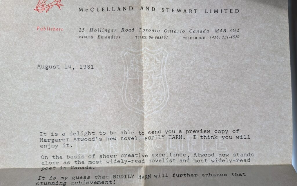 Publisher's Letter up close inside a 1981 Uncorrected Advance Proof of BODILY HARM by Margaret Atwood