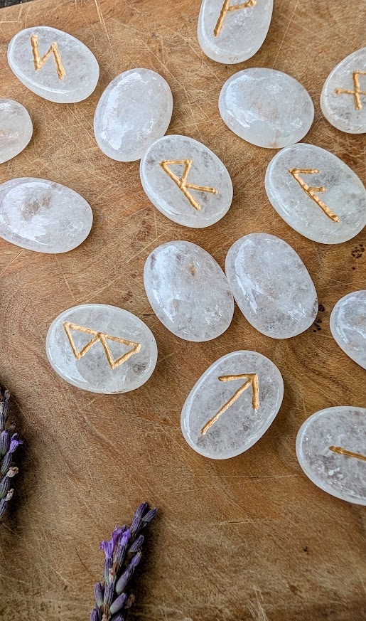 up close view - Hand carved Elder Futhark Rune Set on 945 Ct of Natural White Quartz