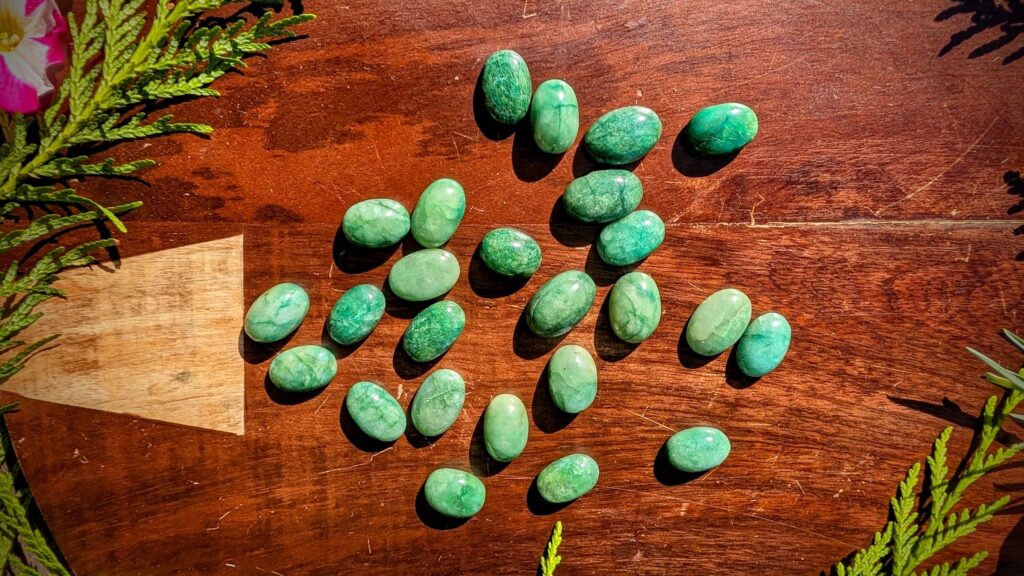 Elder Futhark set on 500 ct of natural Green Agate - hand-carved - reverse side
