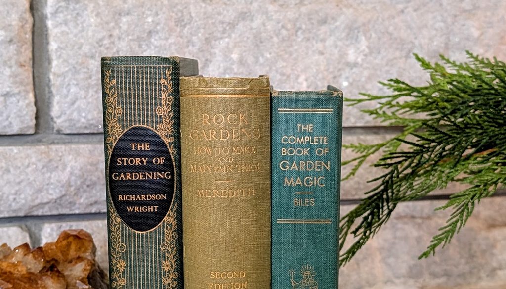 upper binding view - antiquarian gardening books 1914 1947 lot of three green bindings
